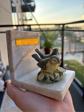 Marble Bookends (2) with Decorative Ceramic Sparrows - Yellow & Green